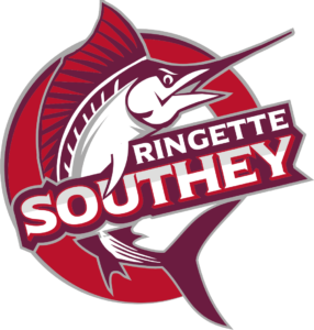 South Ringette logo (a partial red circle with a marlin fish in a curved jumping position over the circle and the words "RINGETTE" above "SOUTHEY")